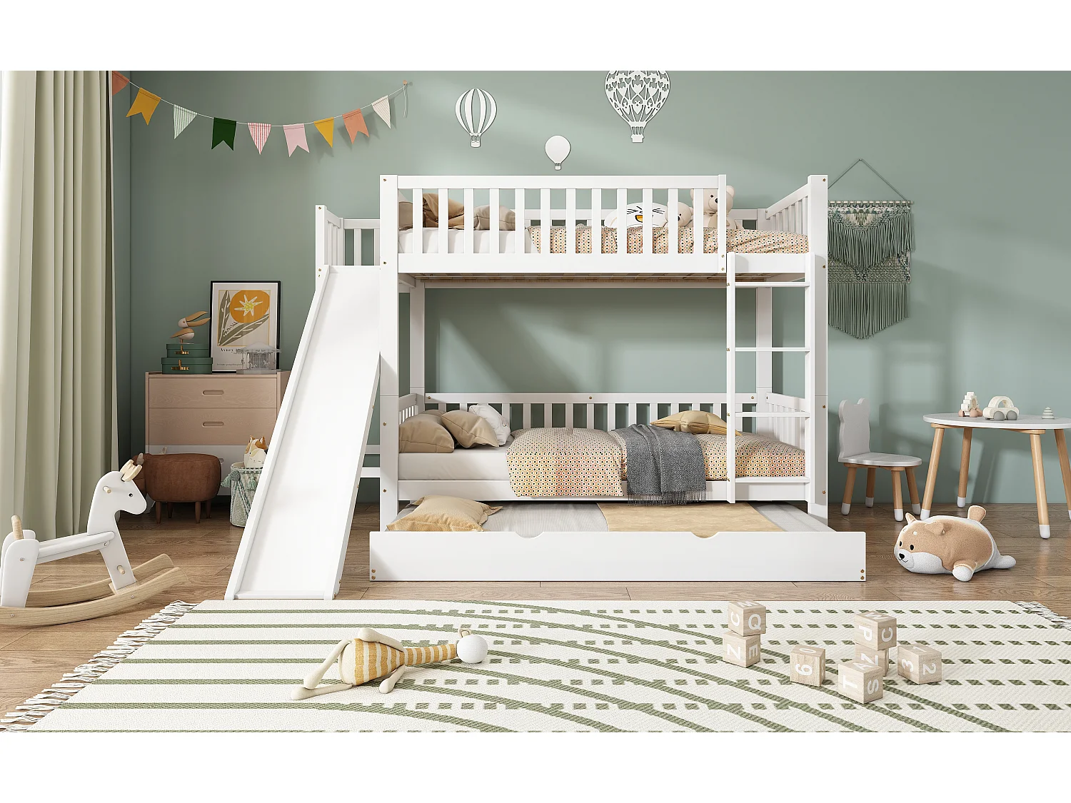 Lit superposé avec lit roulé, échelle droite, toboggan et étagères, MDF et pin, blanc (250x172x170.5 cm)