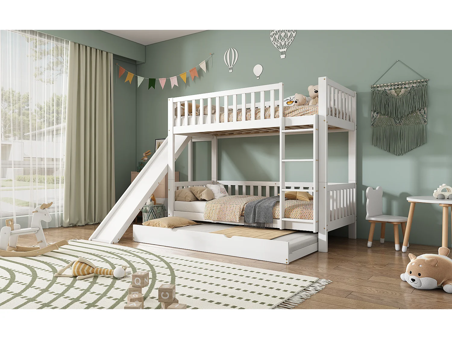 Lit superposé avec lit roulé, échelle droite, toboggan et étagères, MDF et pin, blanc (250x172x170.5 cm)