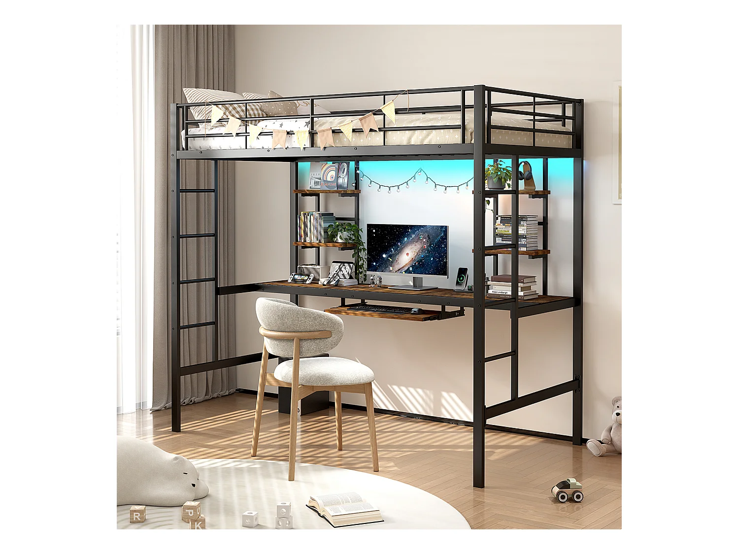 Lit superposé métallique avec bureau intégré, sécurité renforcée, noir, 195x103x180 cm