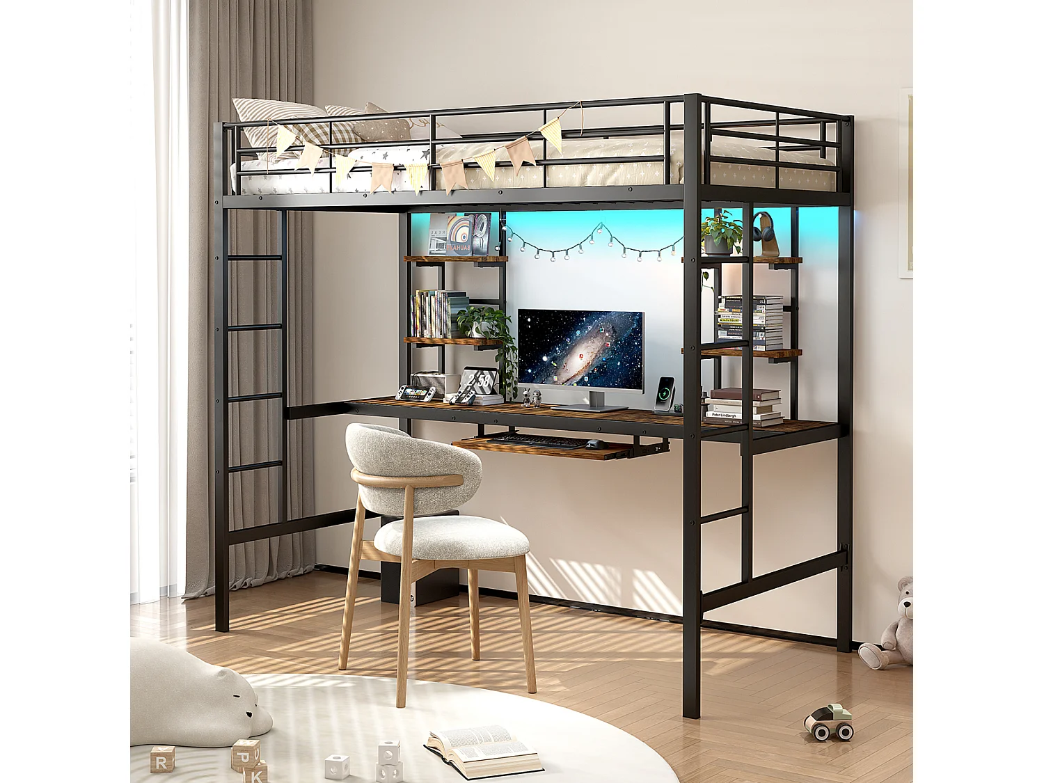 Lit superposé métallique avec bureau intégré, sécurité renforcée, noir, 195x103x180 cm