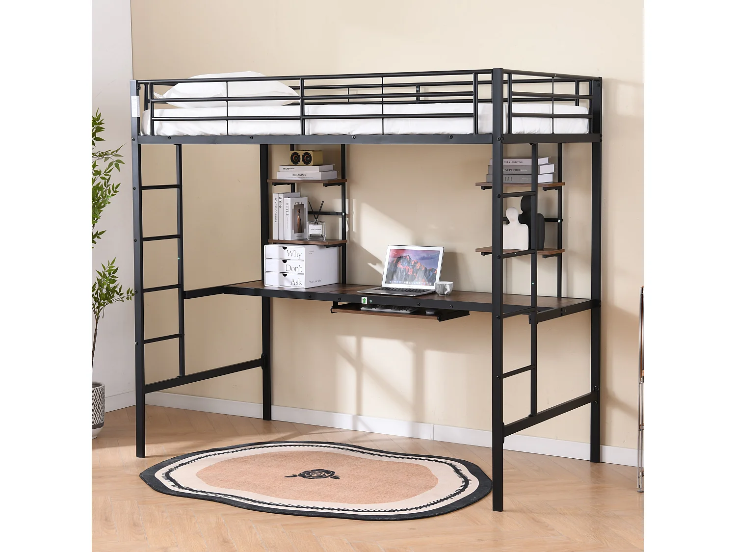 Lit superposé métallique avec bureau intégré, sécurité renforcée, noir, 195x103x180 cm