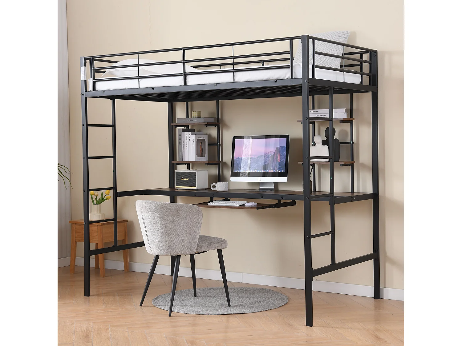 Lit superposé métallique avec bureau intégré, sécurité renforcée, noir, 195x103x180 cm