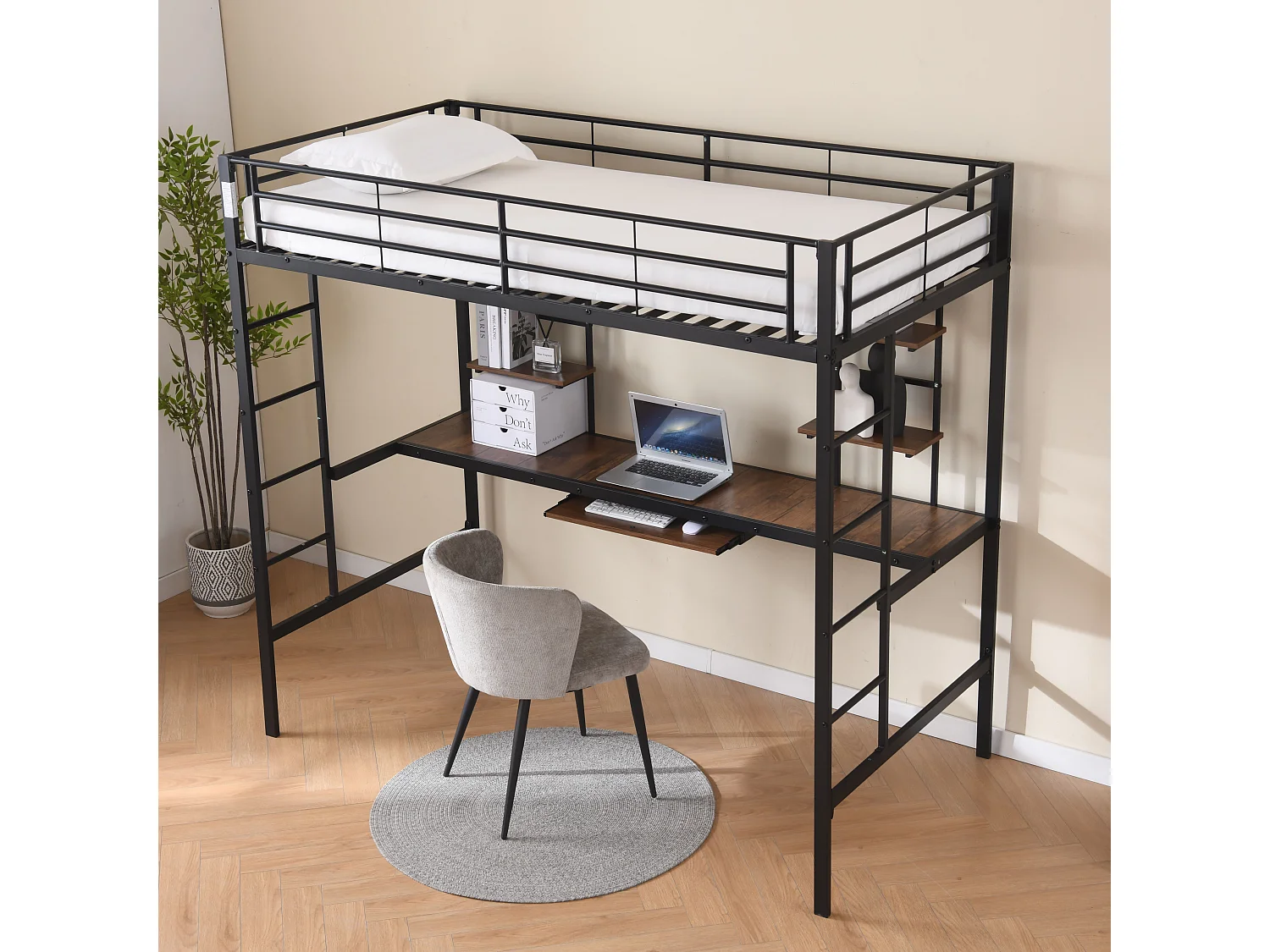 Lit superposé métallique avec bureau intégré, sécurité renforcée, noir, 195x103x180 cm