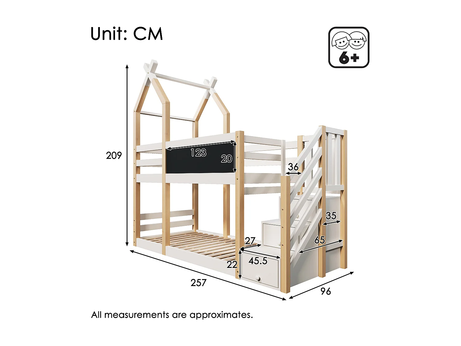Letto a castello 90x200 cm, design casa sull'albero con tavolo, contenitore e protezione anticaduta, legno massello e MDF, bianco e naturale (257x96x209 cm)