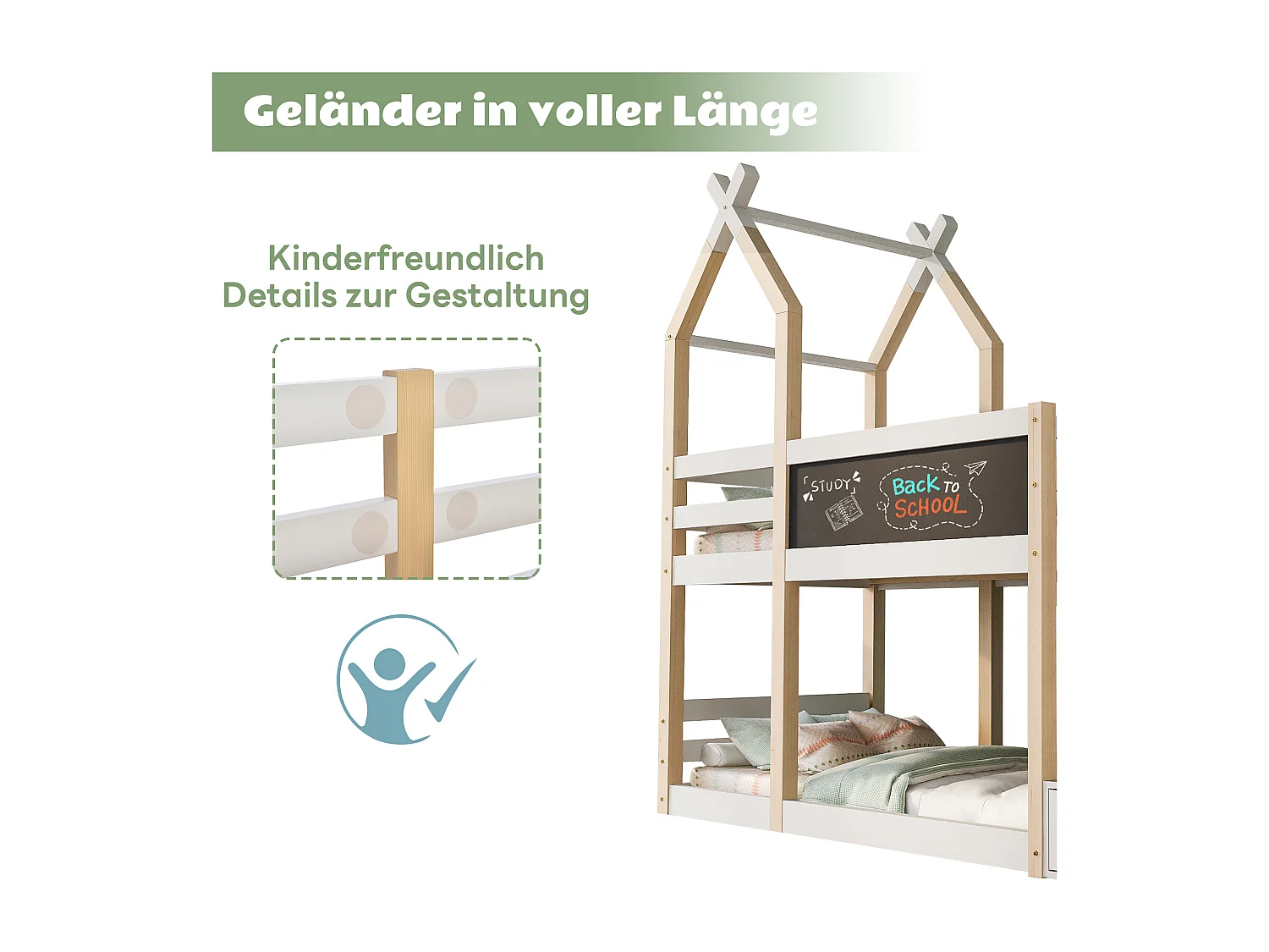 Letto a castello 90x200 cm, design casa sull'albero con tavolo, contenitore e protezione anticaduta, legno massello e MDF, bianco e naturale (257x96x209 cm)