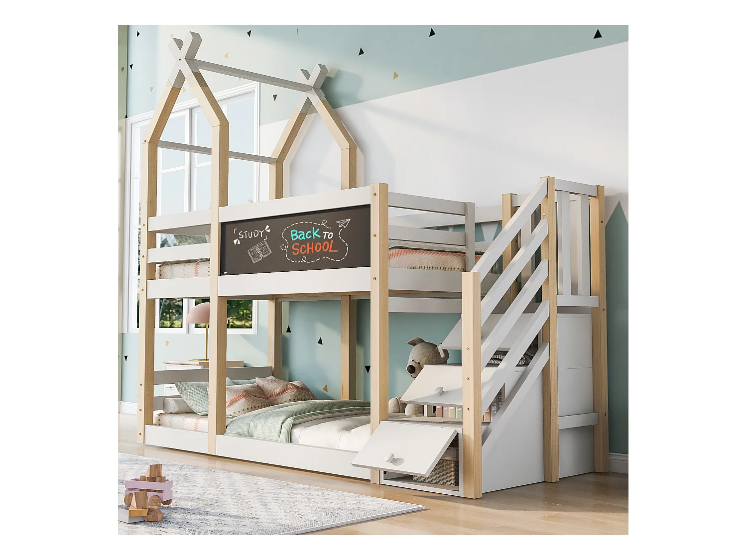 Stapelbed 90x200 cm, boomhutdesign met tafel, opbergruimte en valbeveiliging, massief hout en MDF, wit en naturel (257x96x209 cm)