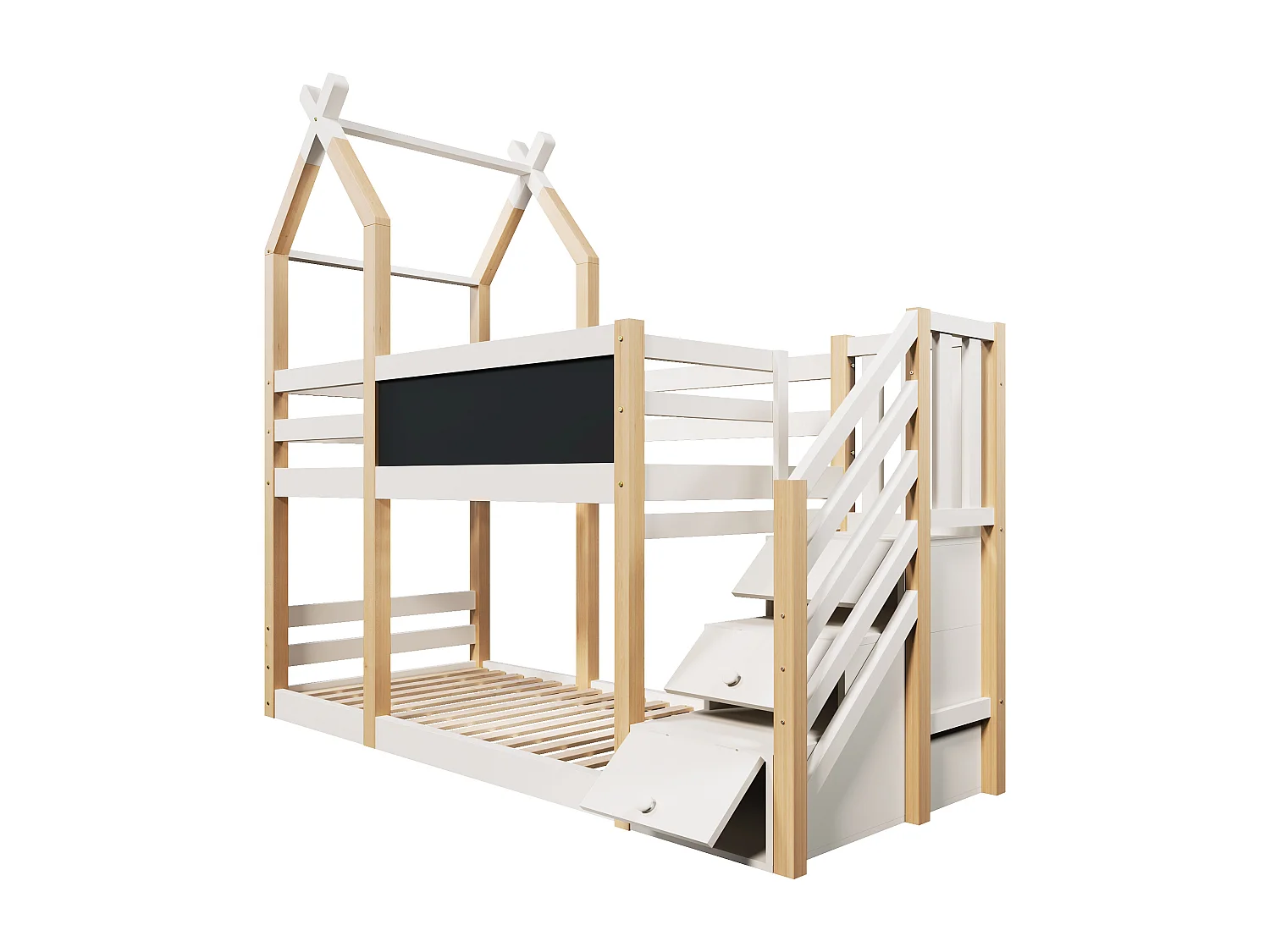 Lit superposé 90x200 cm, design maison dans les arbres avec tableau, stockage et protection contre les chutes, bois massif et MDF, blanc et naturel (257x96x209 cm)