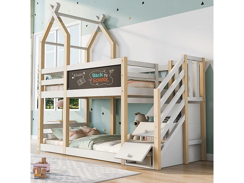 Stapelbed 90x200 cm, boomhutdesign met tafel, opbergruimte en valbeveiliging, massief hout en MDF, wit en naturel (257x96x209 cm)