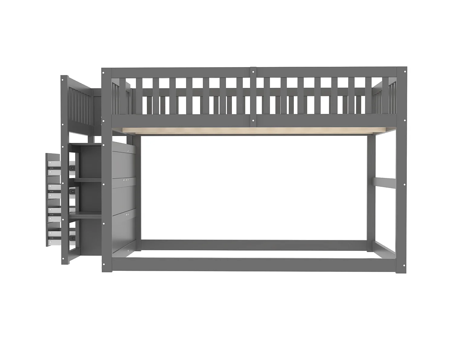 Litera baja 140x200 cm, caja fuerte con almacenaje, madera gris, diseño de alta barrera (247x145x135,5cm)