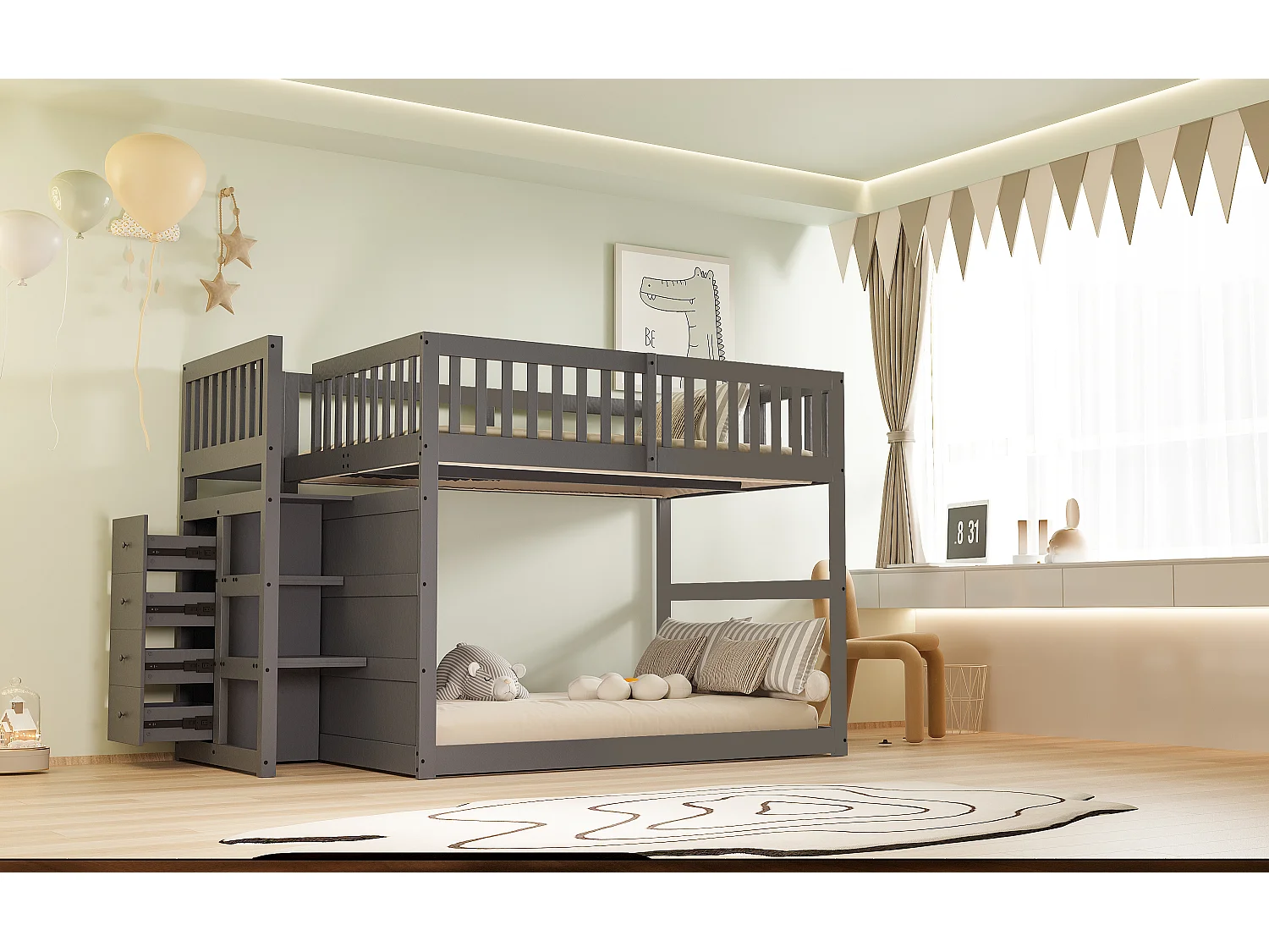 Lit superposé bas 140x200 cm, sécuritaire avec rangements, bois gris, design barrière haute (247x145x135.5cm)