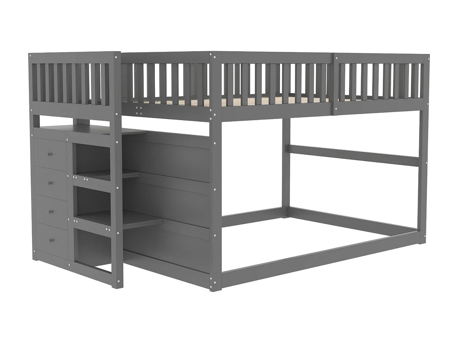 Lit superposé bas 140x200 cm, sécuritaire avec rangements, bois gris, design barrière haute (247x145x135.5cm)