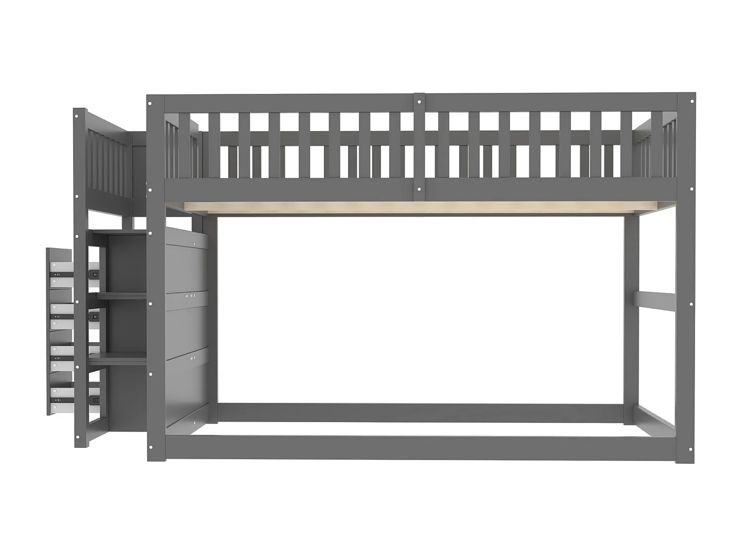 Lit superposé bas 140x200 cm, sécuritaire avec rangements, bois gris, design barrière haute (247x145x135.5cm)