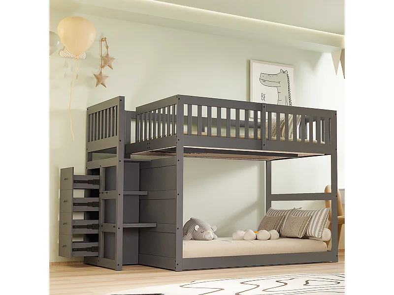Lit superposé bas 140x200 cm, sécuritaire avec rangements, bois gris, design barrière haute (247x145x135.5cm)
