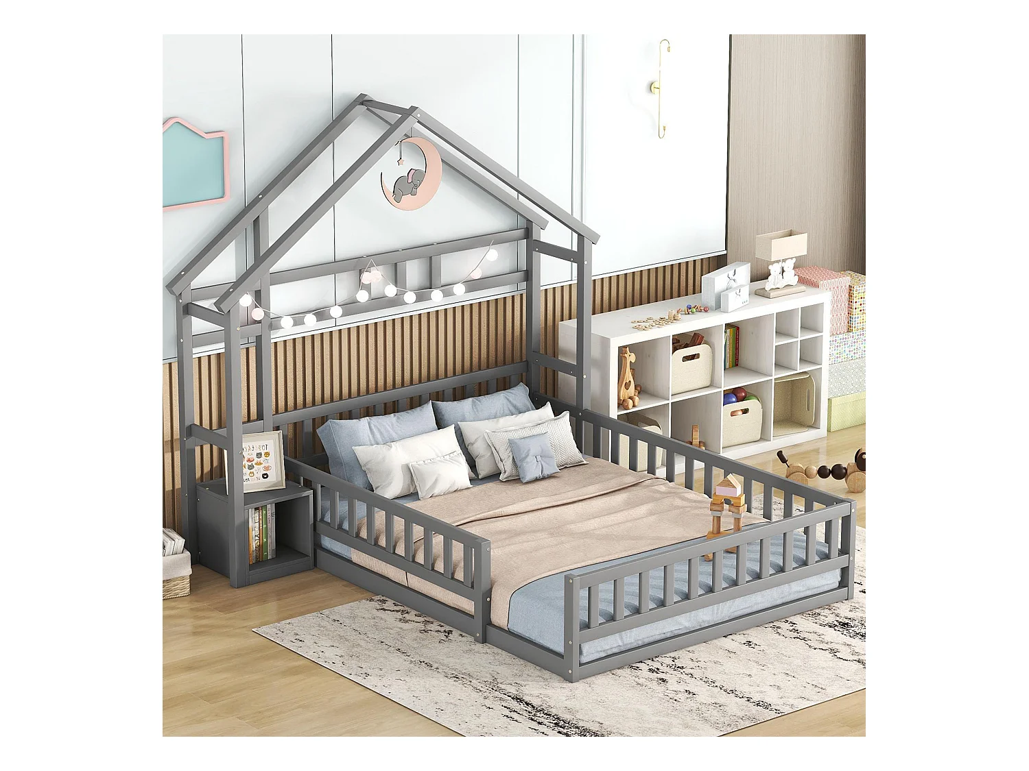 Lit superposé 140x200 cm pour enfants, avec balustrades, bureau et rangement, gris (203x203x190 cm)