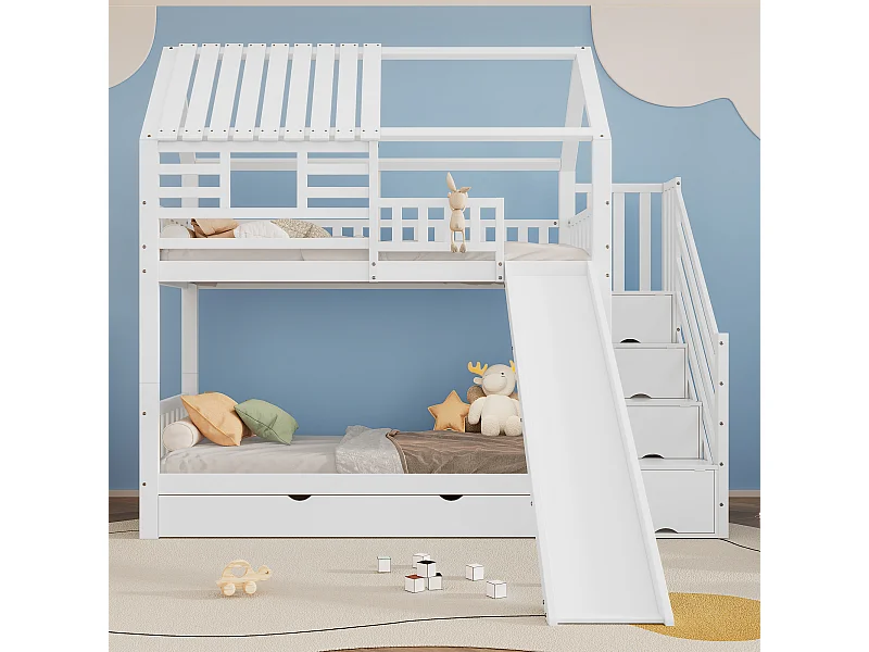 Letto a castello con scaletta e scivolo, casetta con finestra, struttura in pino e MDF, bianco (254x213,5x223 cm)