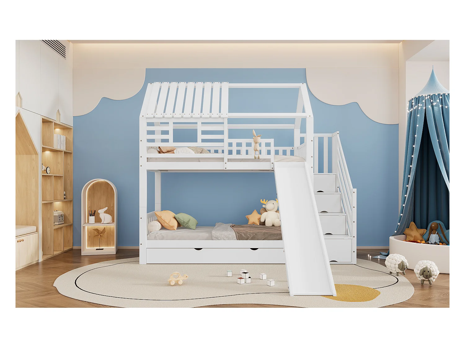 Letto a castello con scaletta e scivolo, casetta con finestra, struttura in pino e MDF, bianco (254x213,5x223 cm)