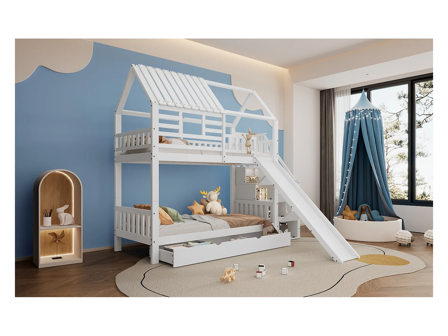 Letto a castello con scaletta e scivolo, casetta con finestra, struttura in pino e MDF, bianco (254x213,5x223 cm)