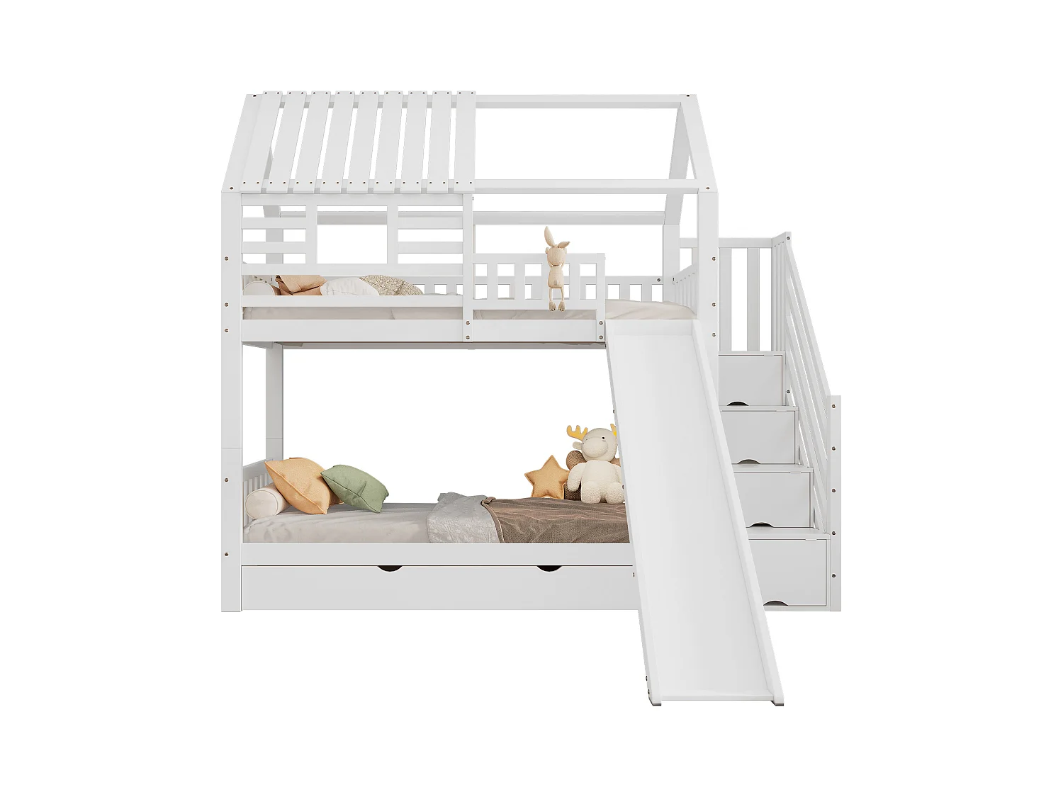 Letto a castello con scaletta e scivolo, casetta con finestra, struttura in pino e MDF, bianco (254x213,5x223 cm)