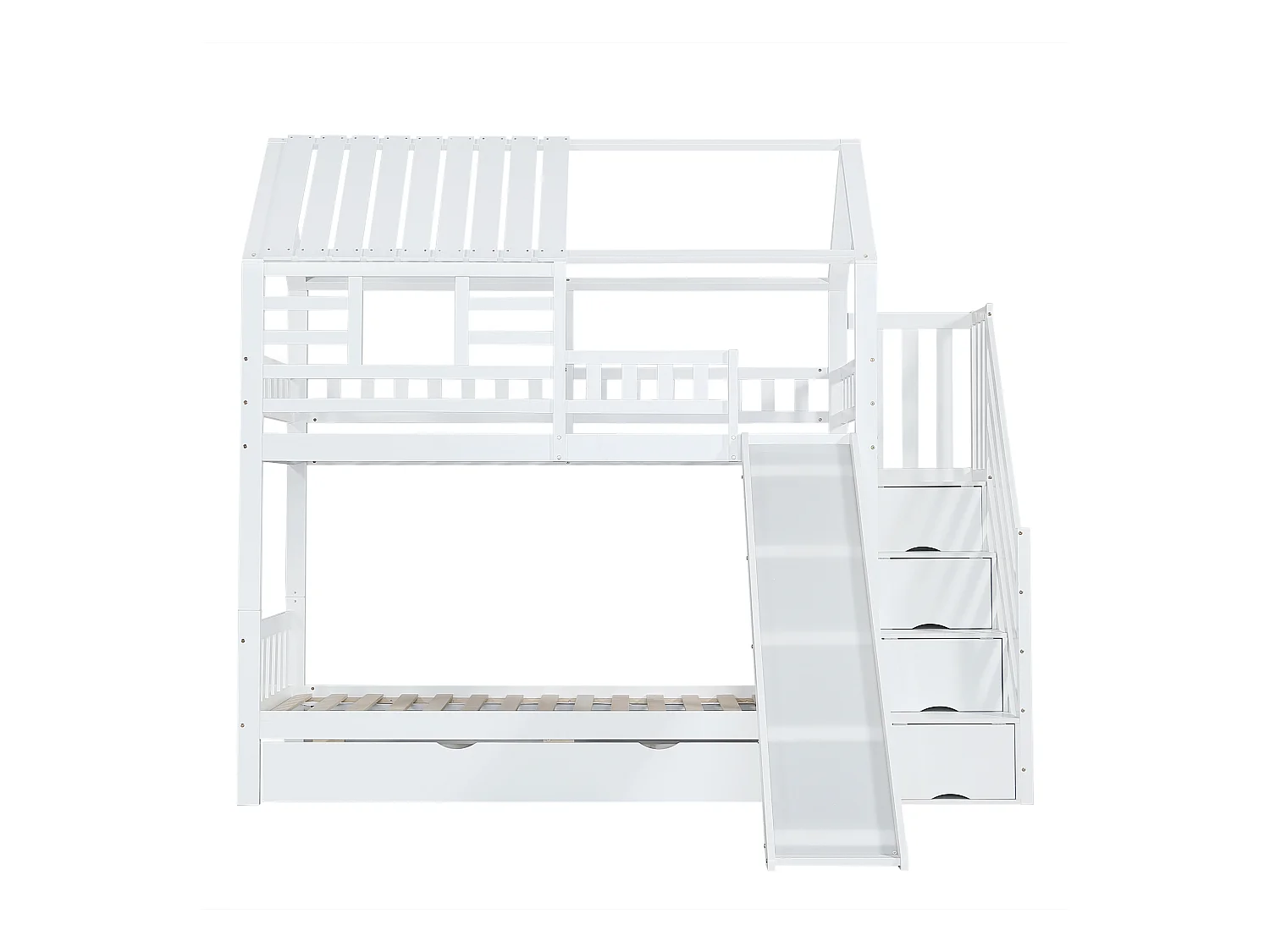 Letto a castello con scaletta e scivolo, casetta con finestra, struttura in pino e MDF, bianco (254x213,5x223 cm)