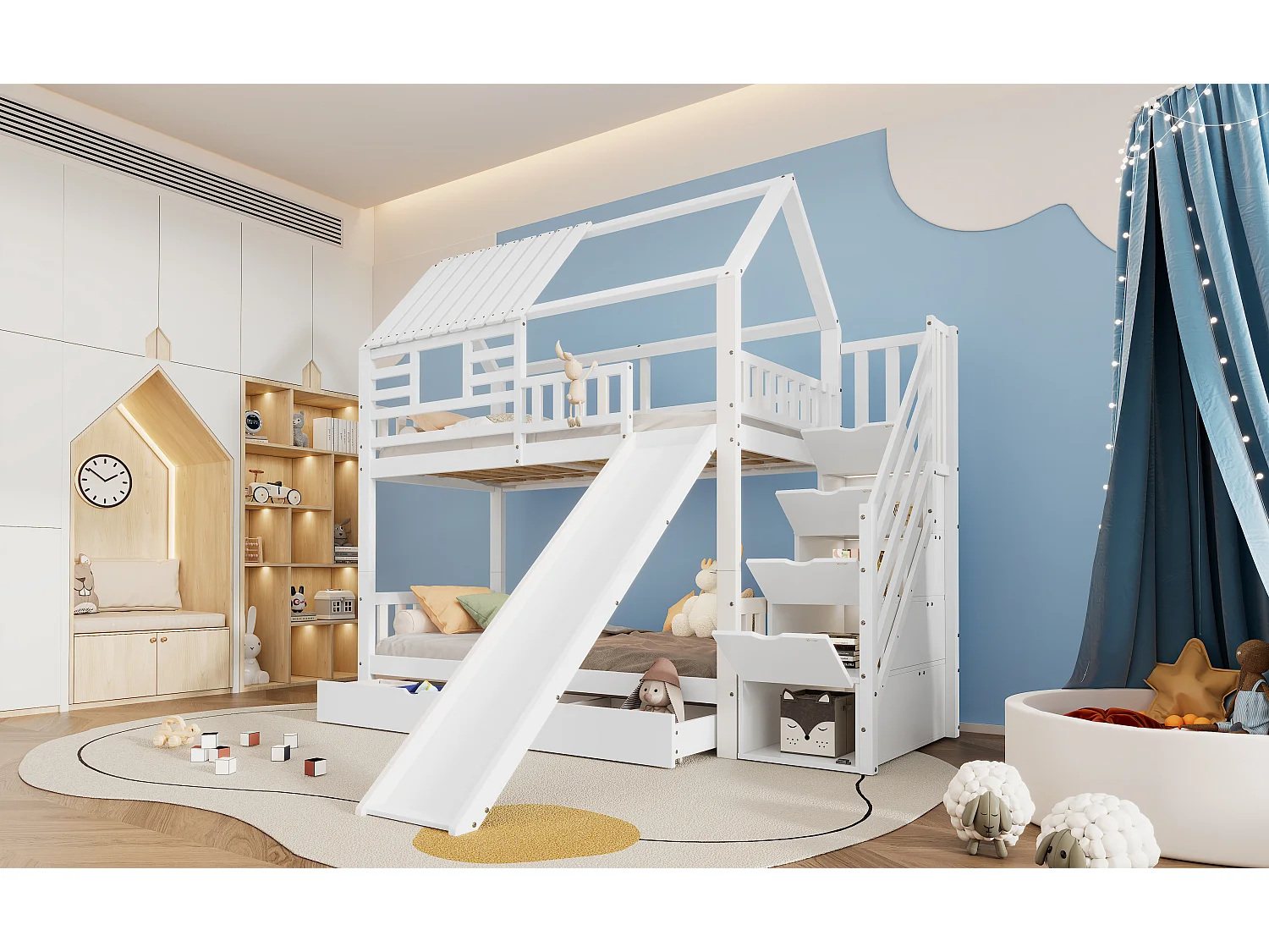 Lit superposé avec échelle et toboggan, maison avec fenêtre, structure en pin et MDF, blanc (254x213.5x223 cm)