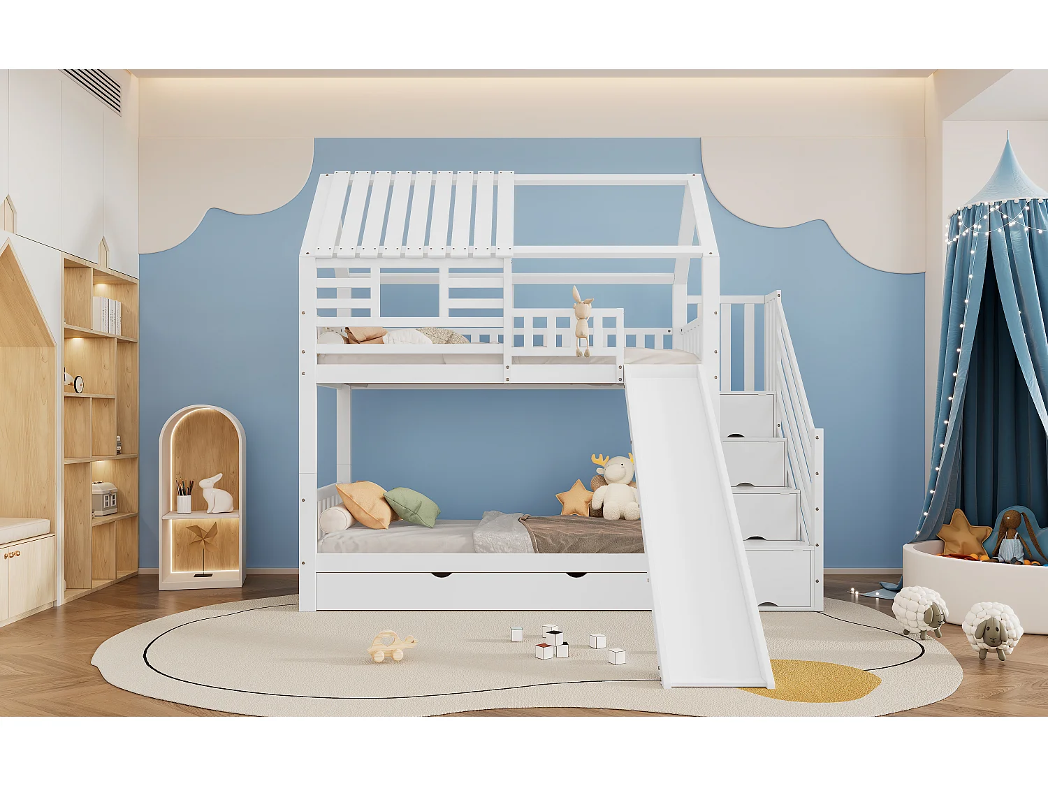 Lit superposé avec échelle et toboggan, maison avec fenêtre, structure en pin et MDF, blanc (254x213.5x223 cm)