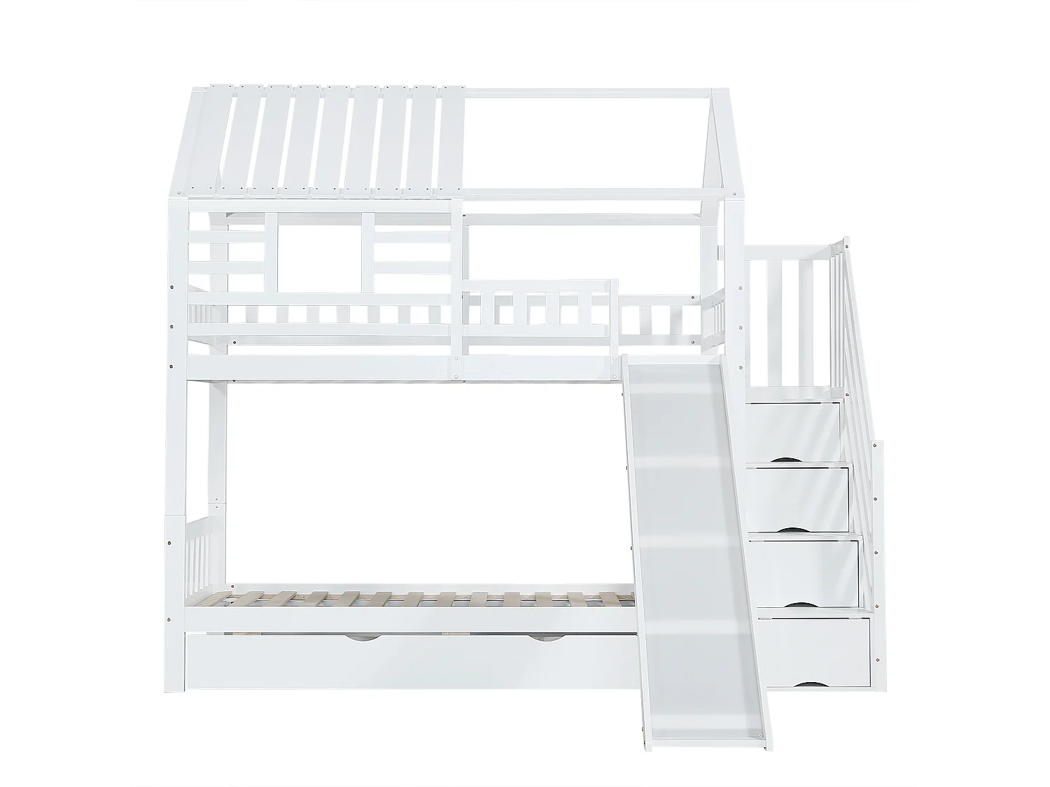 Lit superposé avec échelle et toboggan, maison avec fenêtre, structure en pin et MDF, blanc (254x213.5x223 cm)