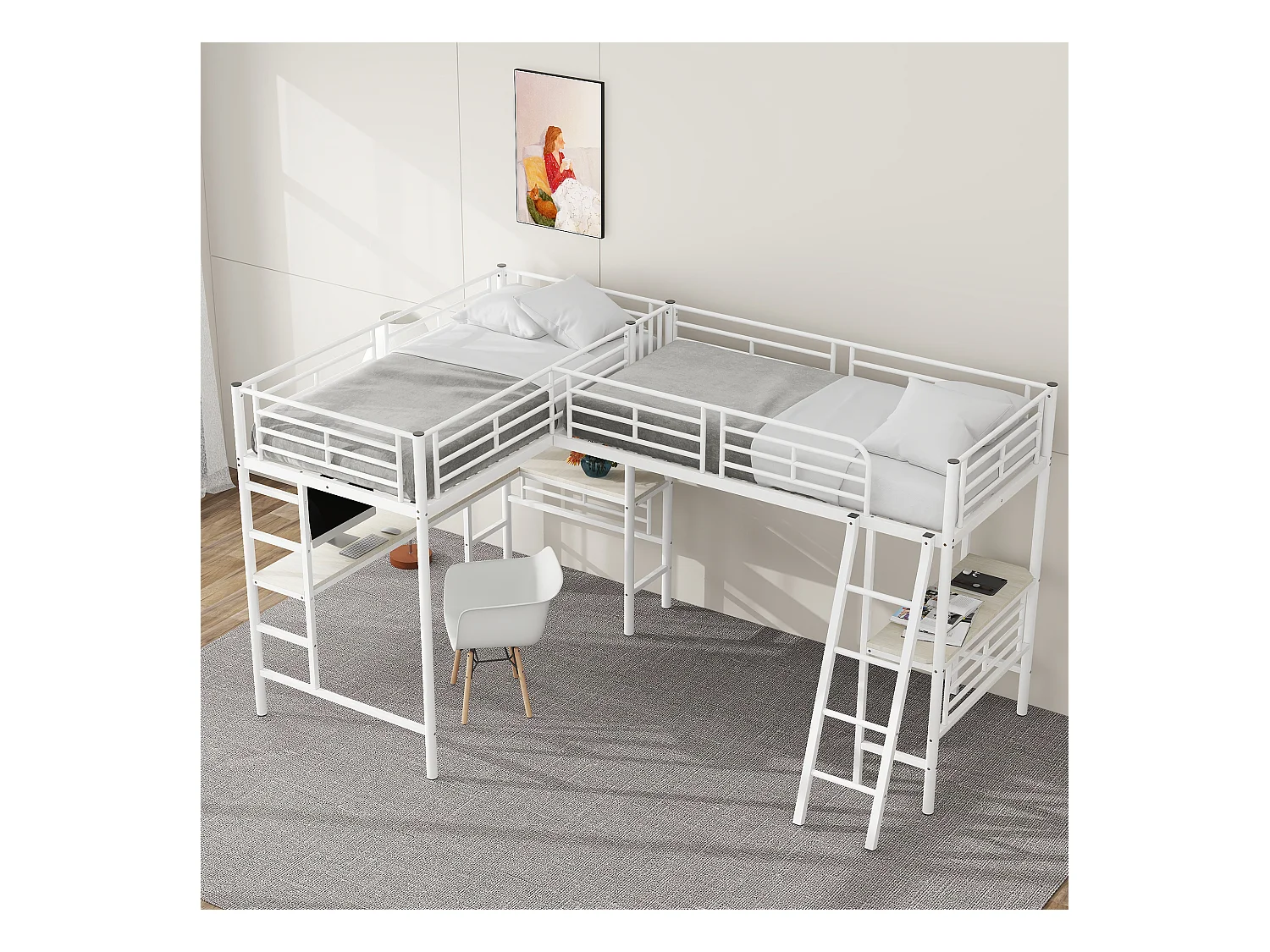 Litera 90x200 cm, diseño de dinosaurio, mesa bajo la cama, escalera doble, barandillas altas, color blanco (298x206x170 cm)