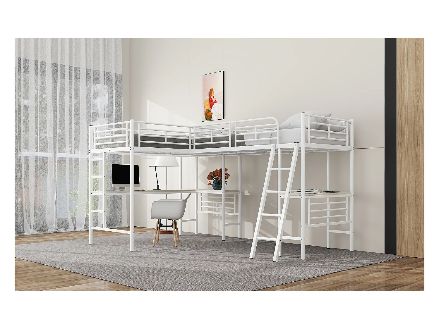 Litera 90x200 cm, diseño de dinosaurio, mesa bajo la cama, escalera doble, barandillas altas, color blanco (298x206x170 cm)