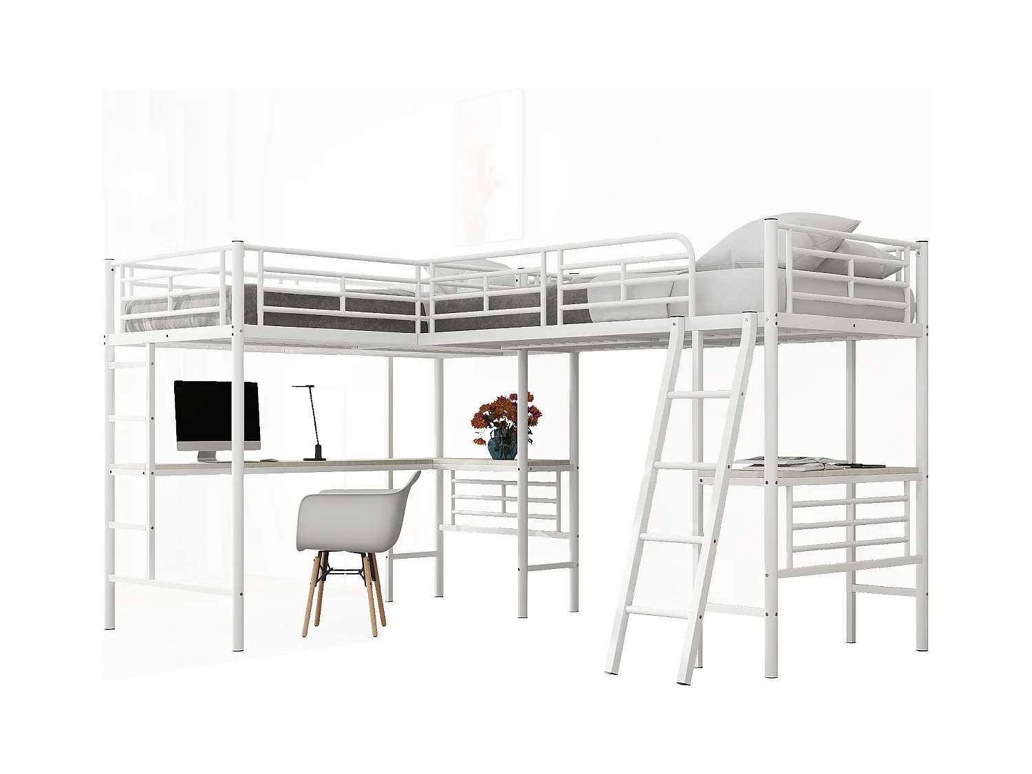 Litera 90x200 cm, diseño de dinosaurio, mesa bajo la cama, escalera doble, barandillas altas, color blanco (298x206x170 cm)