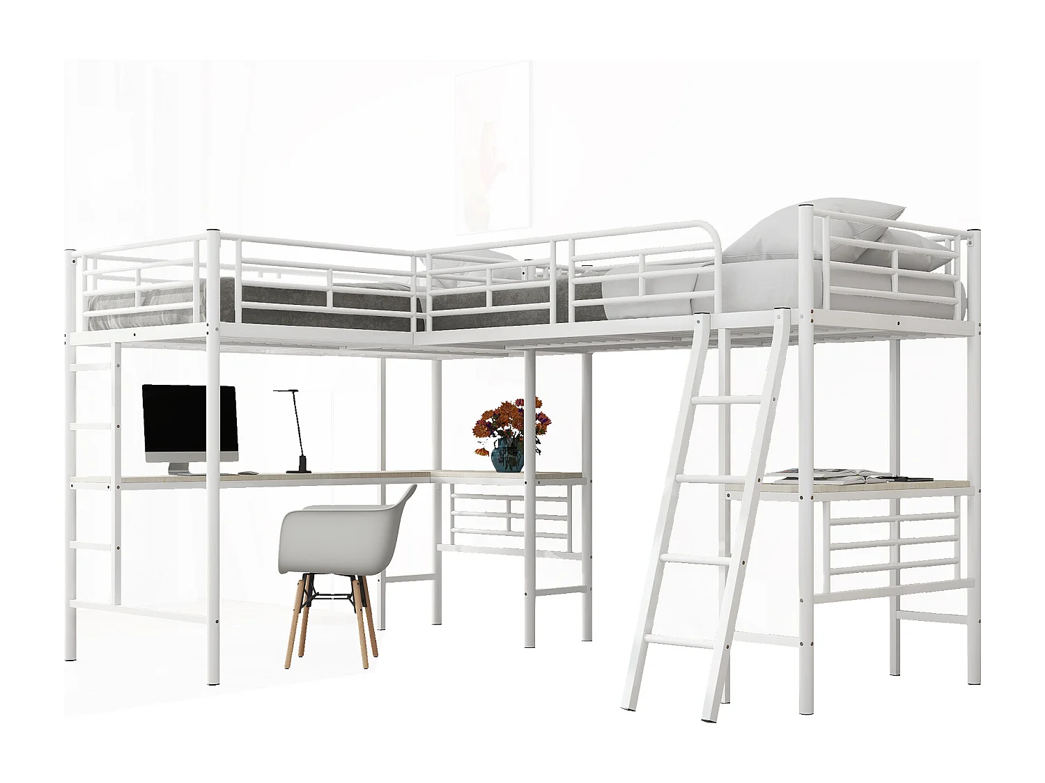 Litera 90x200 cm, diseño de dinosaurio, mesa bajo la cama, escalera doble, barandillas altas, color blanco (298x206x170 cm)