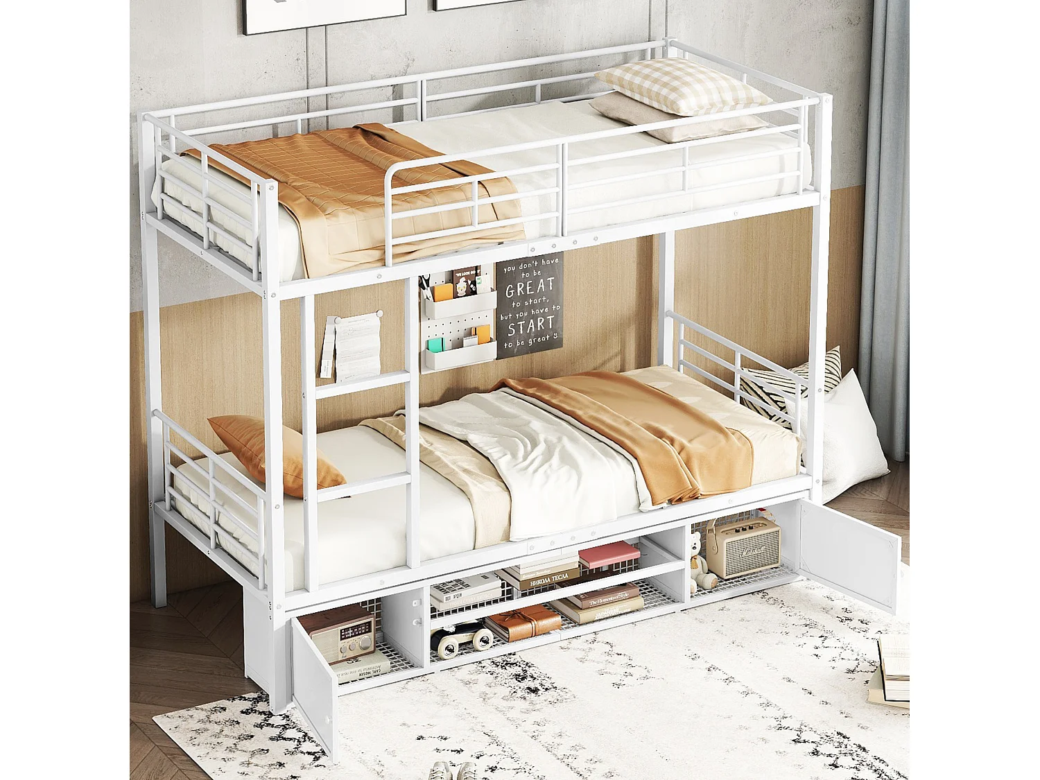 Letto a castello in metallo con ripiani aperti, piccolo armadio a due ante, con scaletta laterale, protezione anticaduta, metallo, bianco (205x95x156,5 cm)