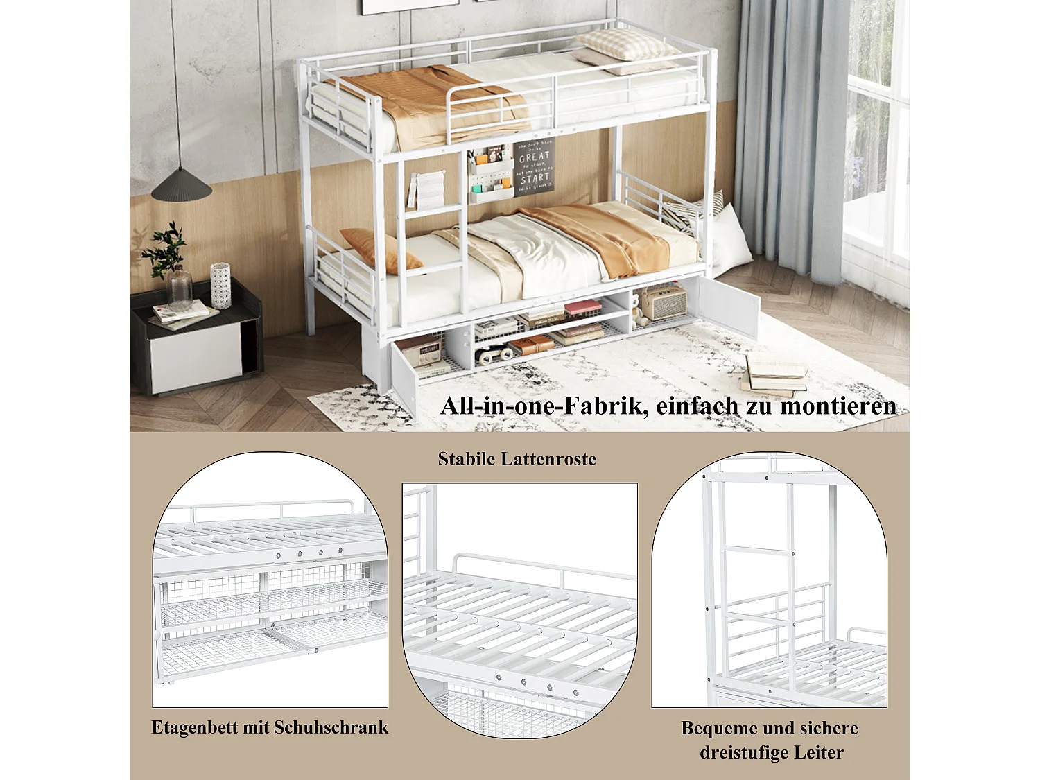 Letto a castello in metallo con ripiani aperti, piccolo armadio a due ante, con scaletta laterale, protezione anticaduta, metallo, bianco (205x95x156,5 cm)