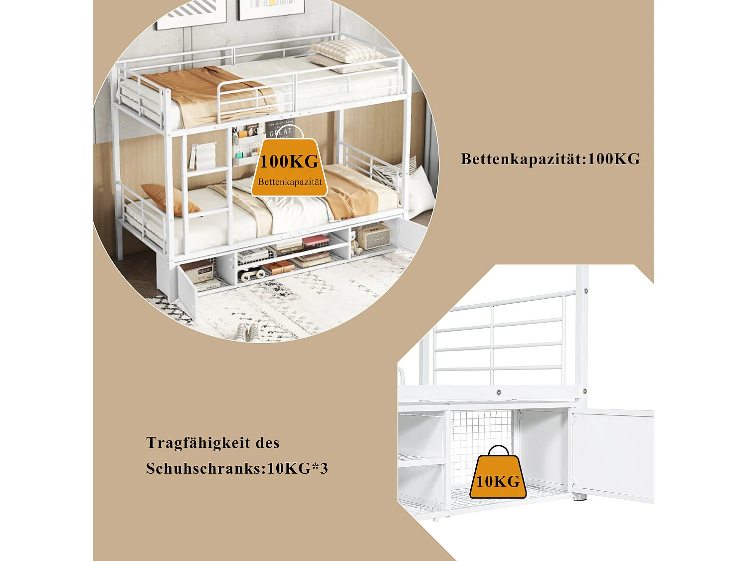 Letto a castello in metallo con ripiani aperti, piccolo armadio a due ante, con scaletta laterale, protezione anticaduta, metallo, bianco (205x95x156,5 cm)