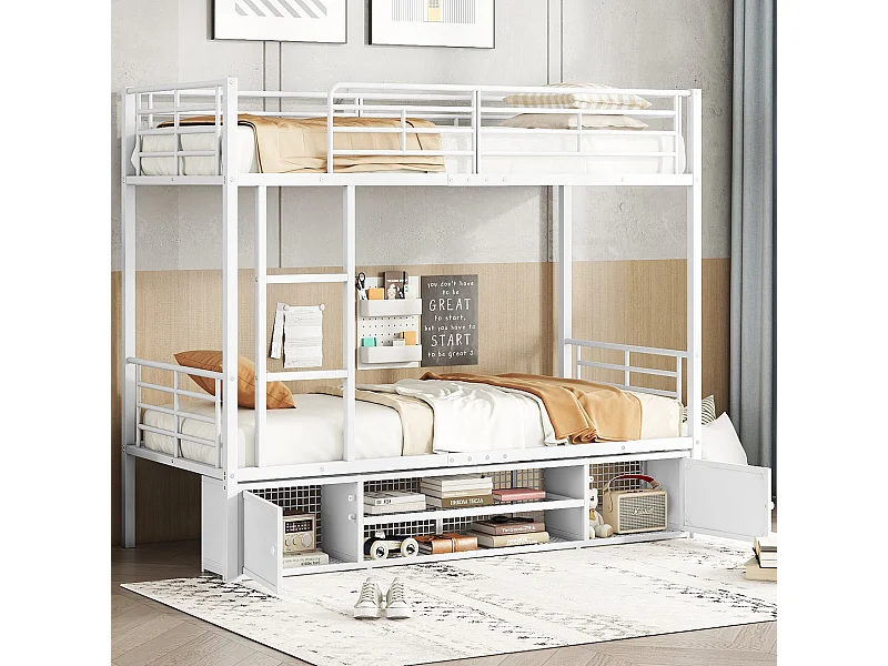 Letto a castello in metallo con ripiani aperti, piccolo armadio a due ante, con scaletta laterale, protezione anticaduta, metallo, bianco (205x95x156,5 cm)