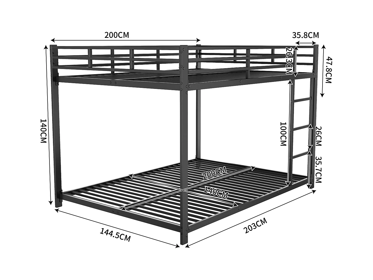 Lit superposé, 140x200 cm, lit en métal pour enfants, métal de qualité, classique, blanc (203x144.5x140 cm)