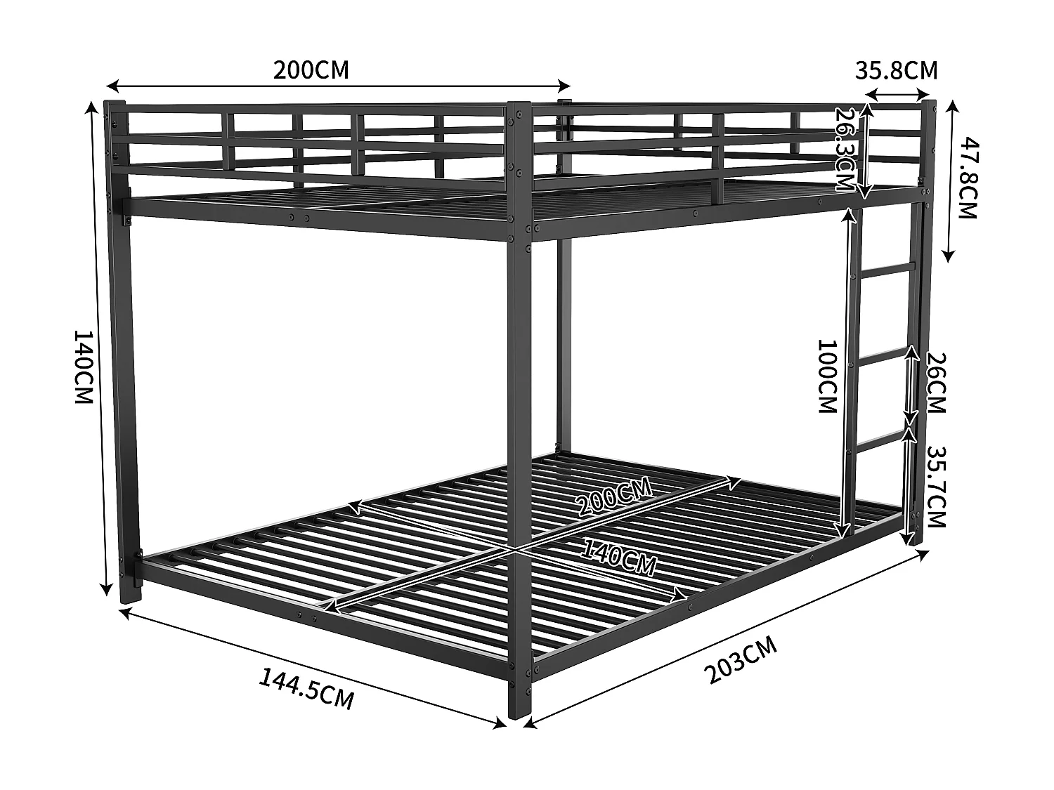 Lit superposé, 140x200 cm, lit en métal pour enfants, métal de qualité, classique, blanc (203x144.5x140 cm)