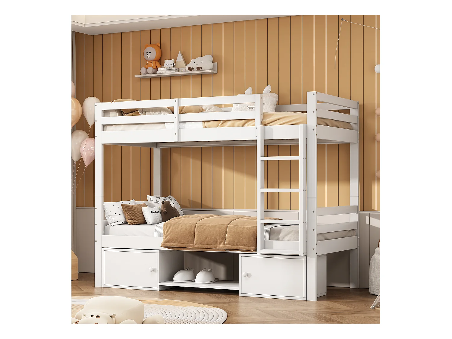 Letto a castello per bambini con contenitore, 2 letti separati, ripiani e armadi, legno massello + MDF, bianco (205x95x158 cm)