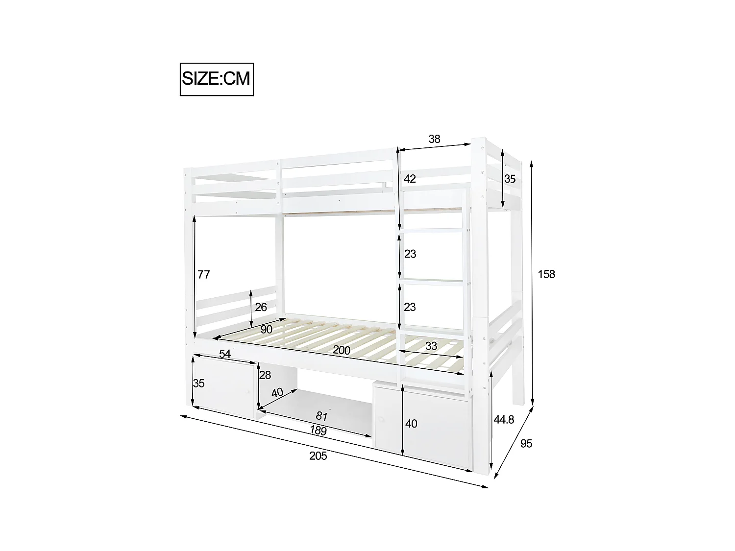 Letto a castello per bambini con contenitore, 2 letti separati, ripiani e armadi, legno massello + MDF, bianco (205x95x158 cm)