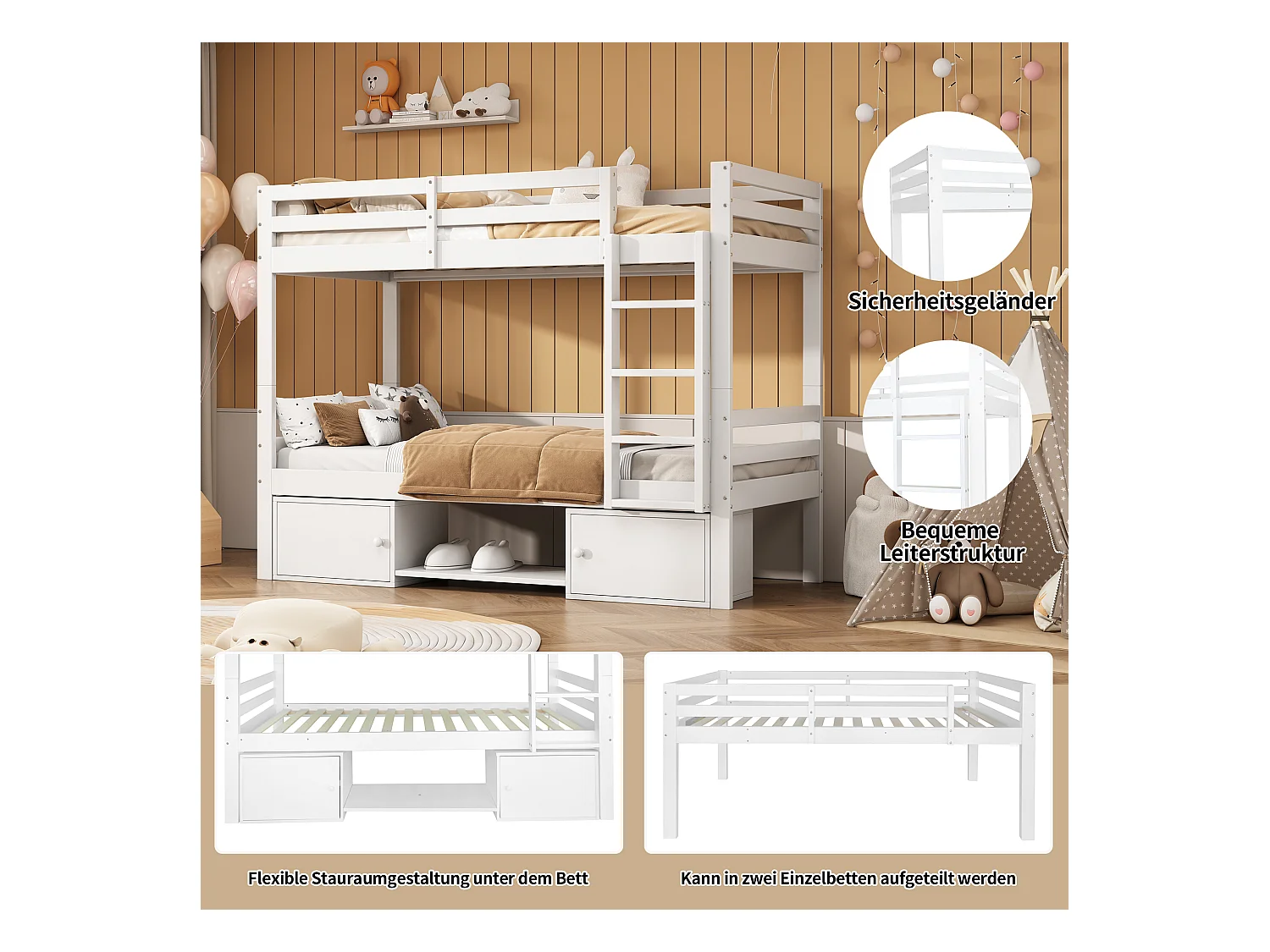 Letto a castello per bambini con contenitore, 2 letti separati, ripiani e armadi, legno massello + MDF, bianco (205x95x158 cm)