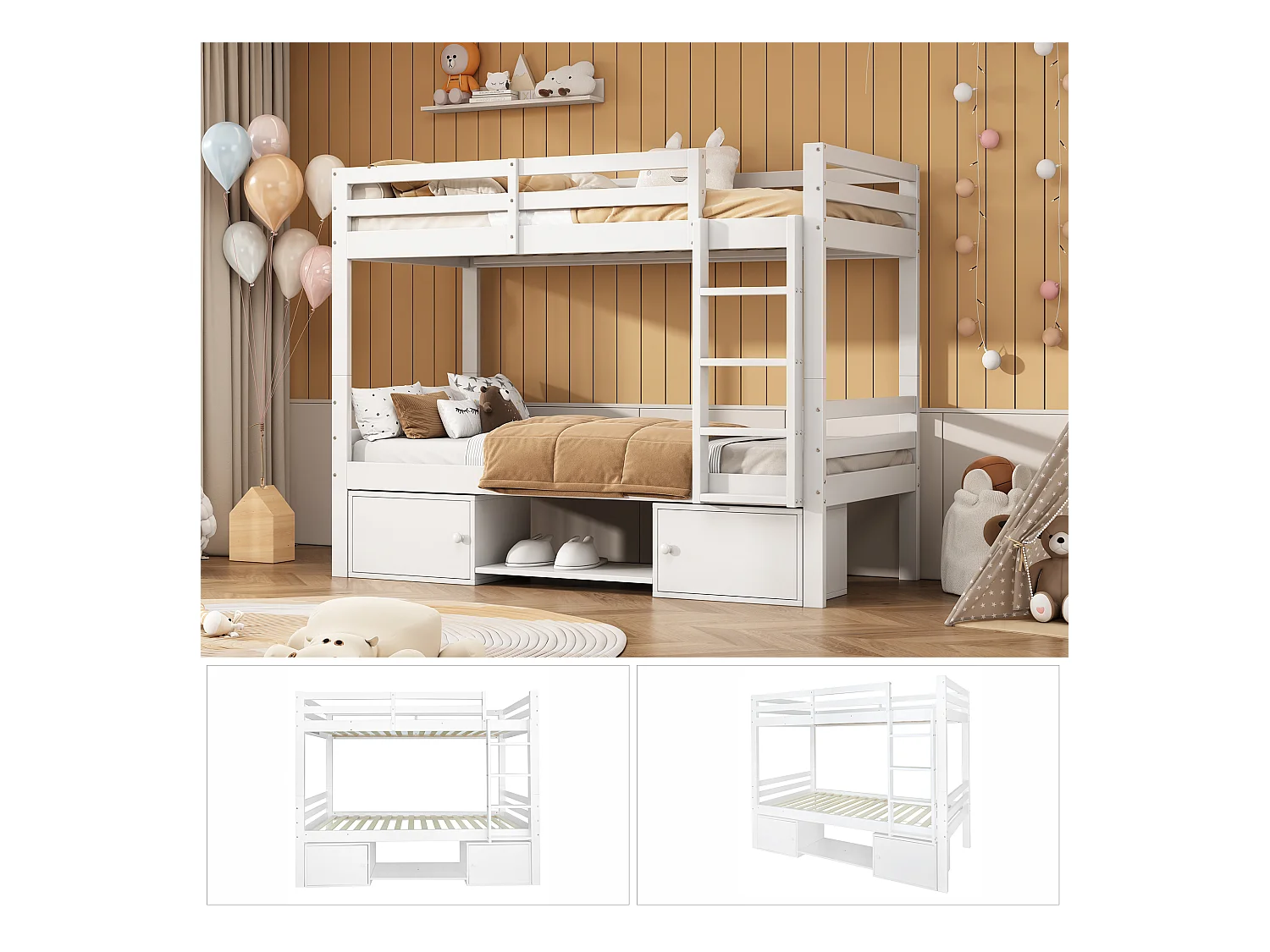 Letto a castello per bambini con contenitore, 2 letti separati, ripiani e armadi, legno massello + MDF, bianco (205x95x158 cm)