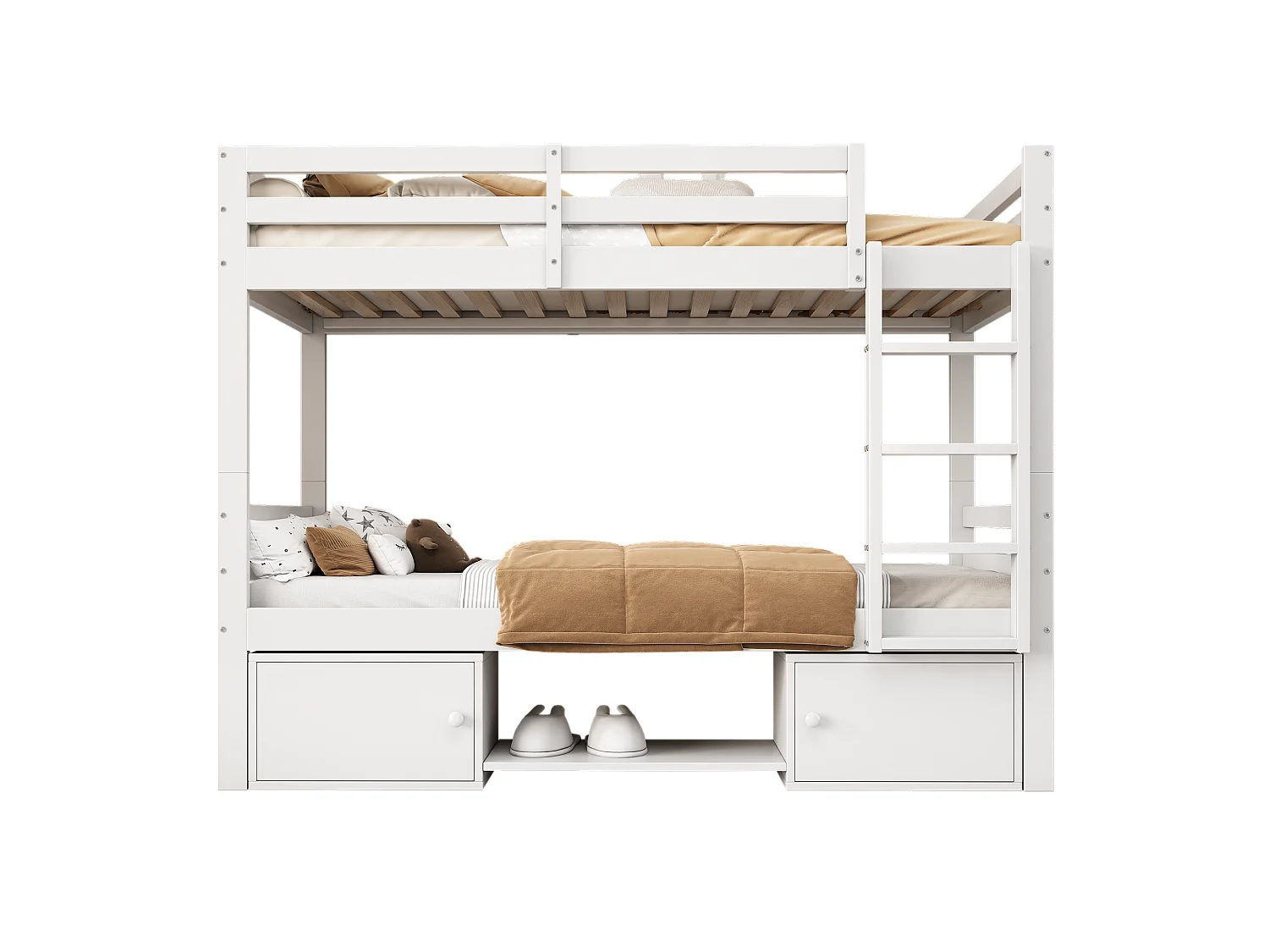 Letto a castello per bambini con contenitore, 2 letti separati, ripiani e armadi, legno massello + MDF, bianco (205x95x158 cm)