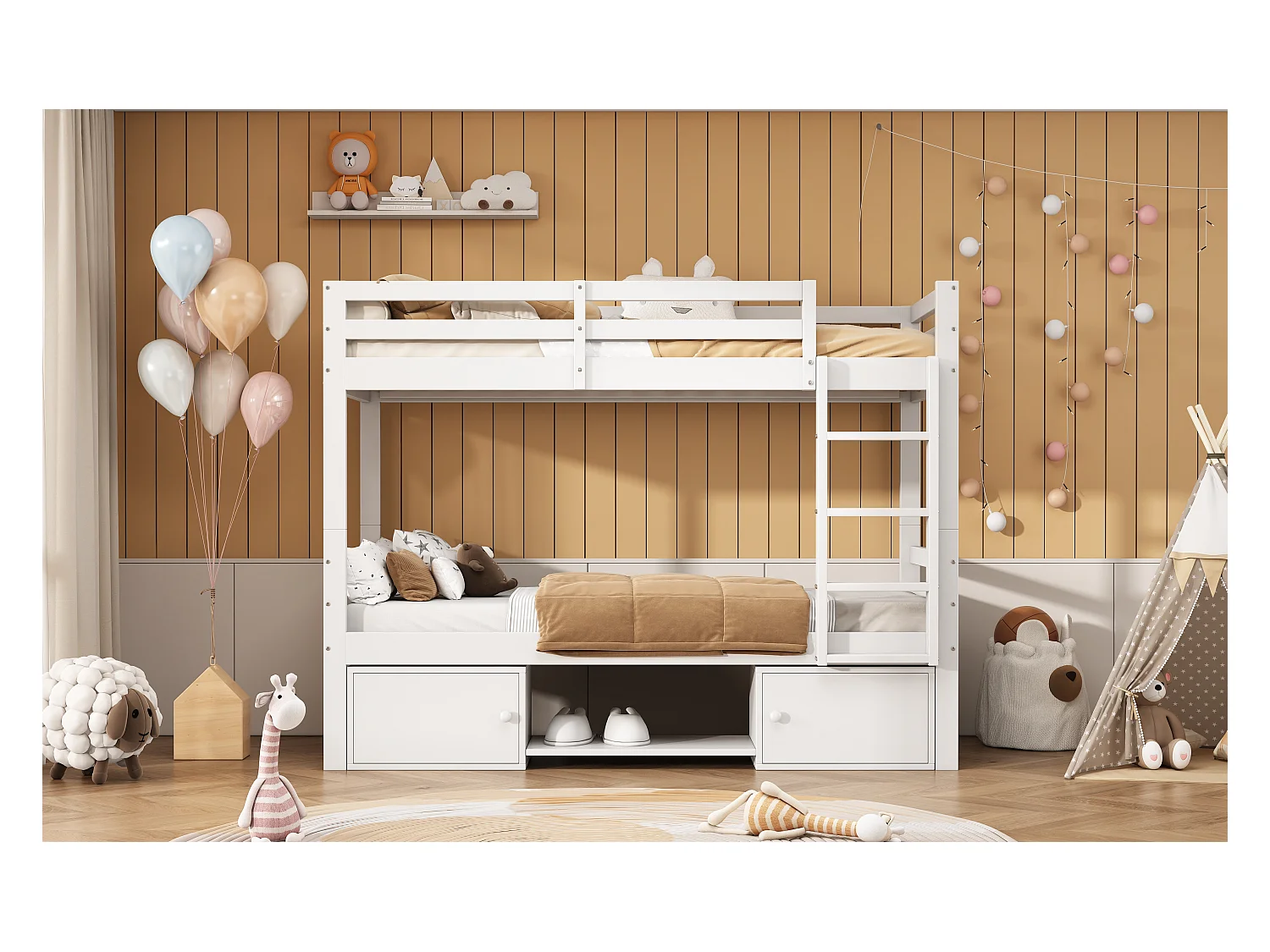 Letto a castello per bambini con contenitore, 2 letti separati, ripiani e armadi, legno massello + MDF, bianco (205x95x158 cm)