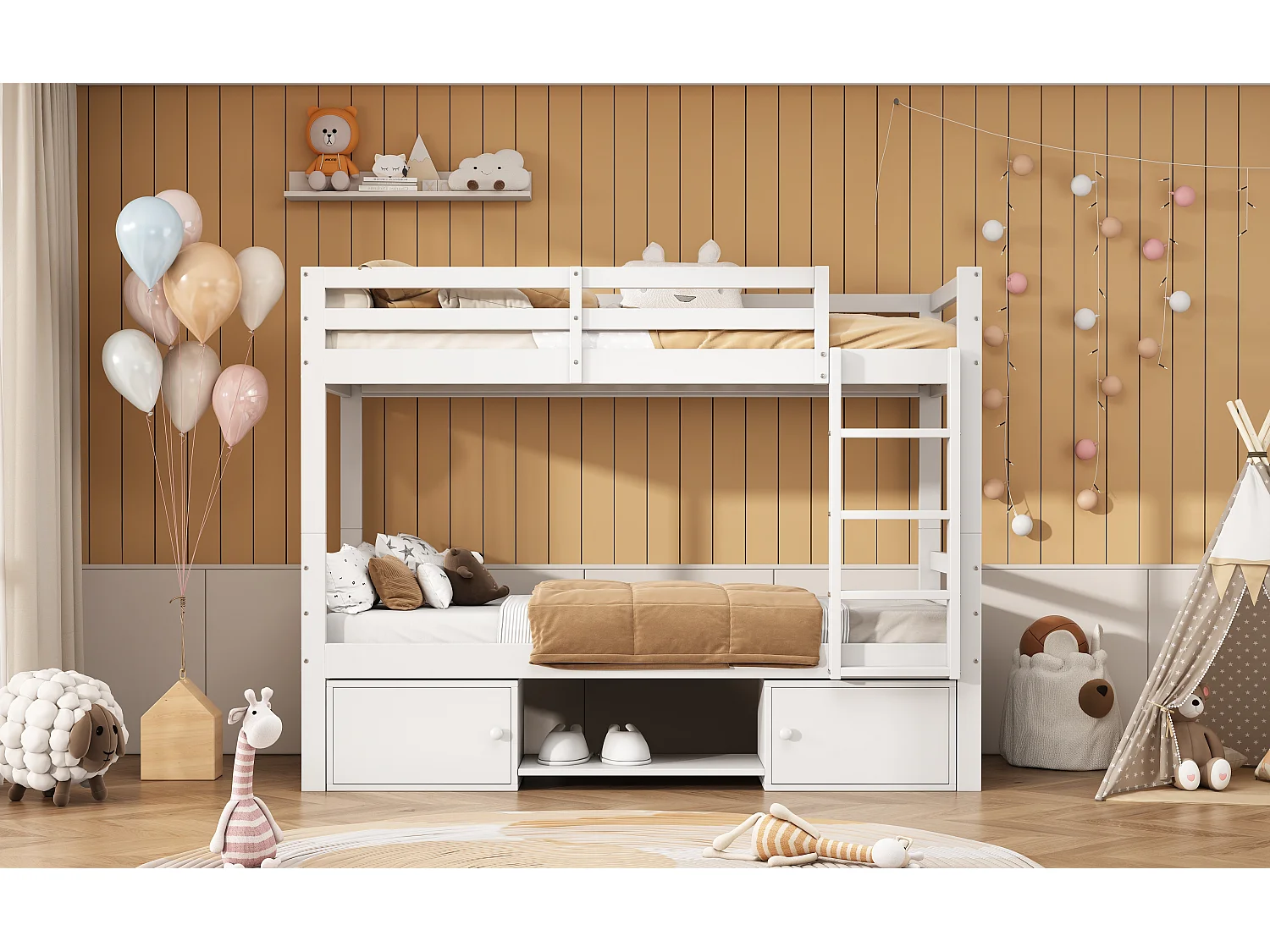 Litera infantil con almacenaje, 2 camas separadas, estanterías y armarios, madera maciza + MDF, color blanco (205x95x158 cm)