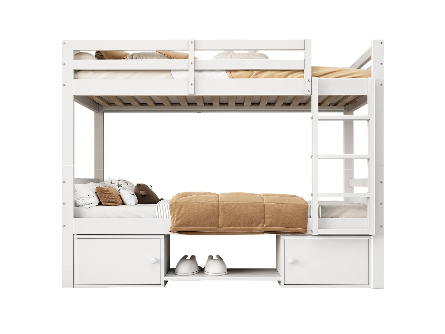 Lit superposé pour enfants avec rangements, 2 lits séparables, étagères et armoires, bois massif + MDF, blanc (205x95x158 cm)