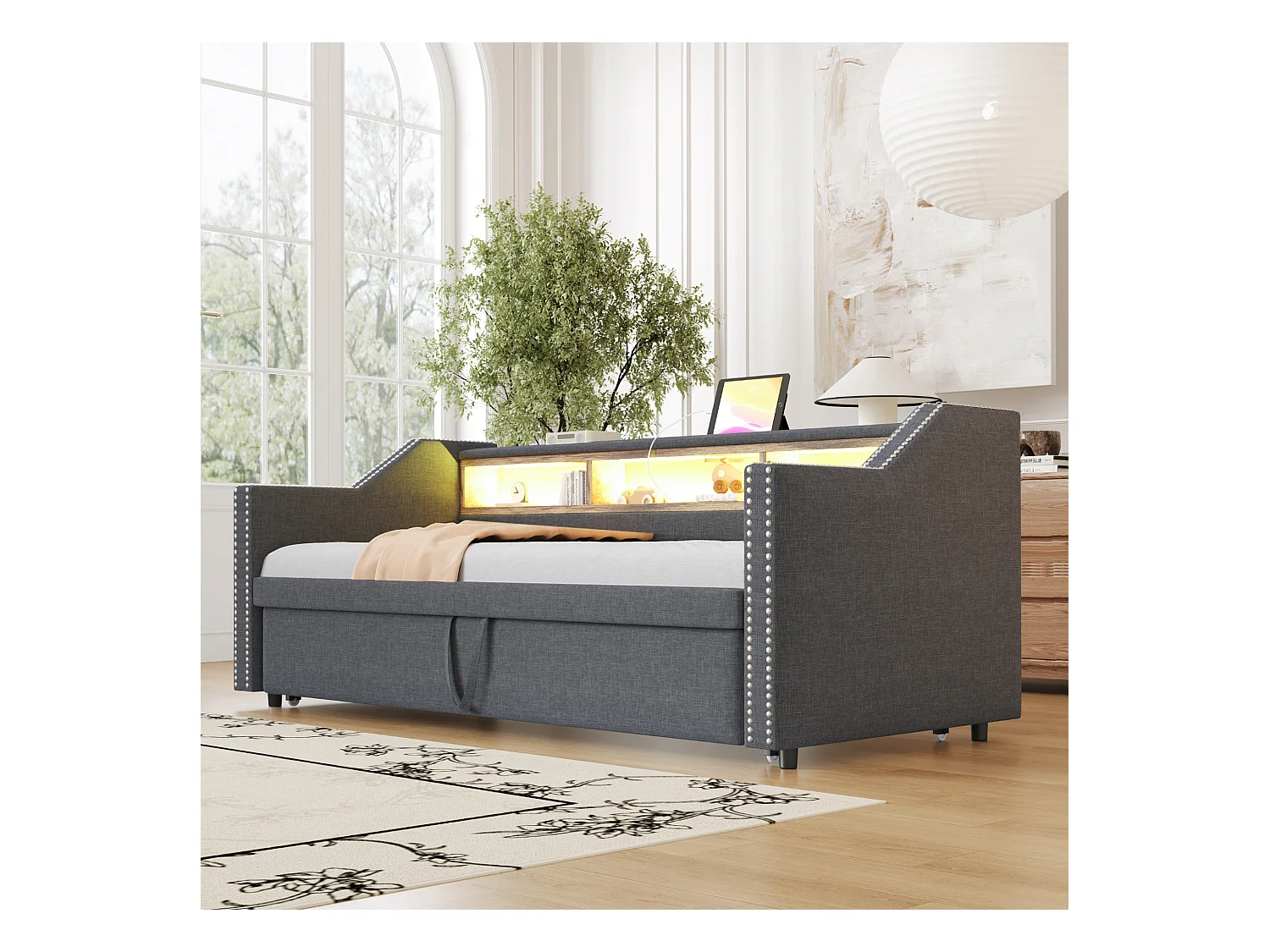 Litera de 90x200 cm, madera maciza, forma de casa, barandilla, escalera de seguridad, espacio de almacenaje, color blanco (255,2x95,7x180 cm)