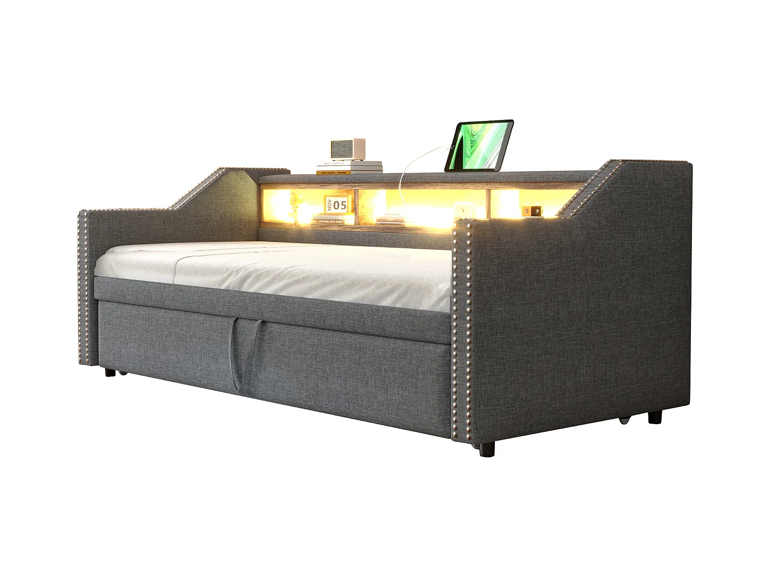 Litera de 90x200 cm, madera maciza, forma de casa, barandilla, escalera de seguridad, espacio de almacenaje, color blanco (255,2x95,7x180 cm)