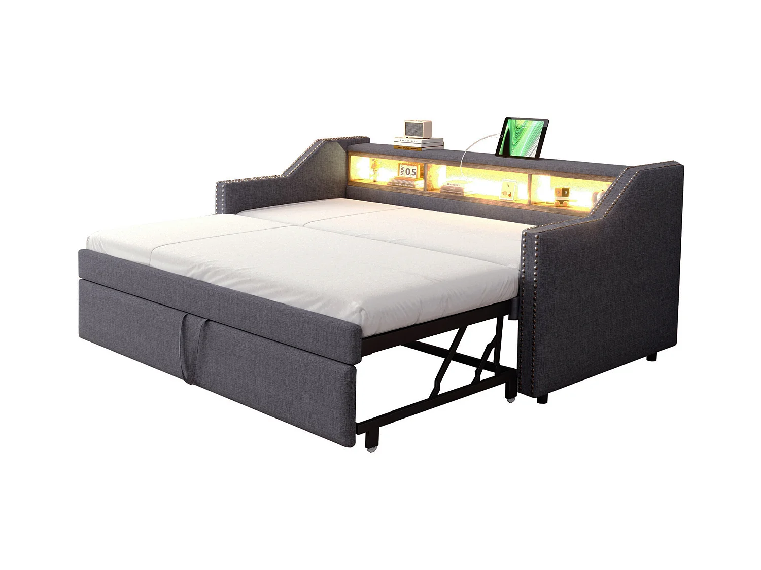 Litera de 90x200 cm, madera maciza, forma de casa, barandilla, escalera de seguridad, espacio de almacenaje, color blanco (255,2x95,7x180 cm)