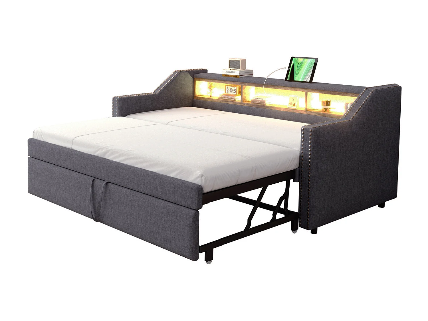 Lit superposé 90x200 cm, bois massif, forme de maison, garde-corps, échelle sécurisée, rangement, blanc (255.2x95.7x180 cm)