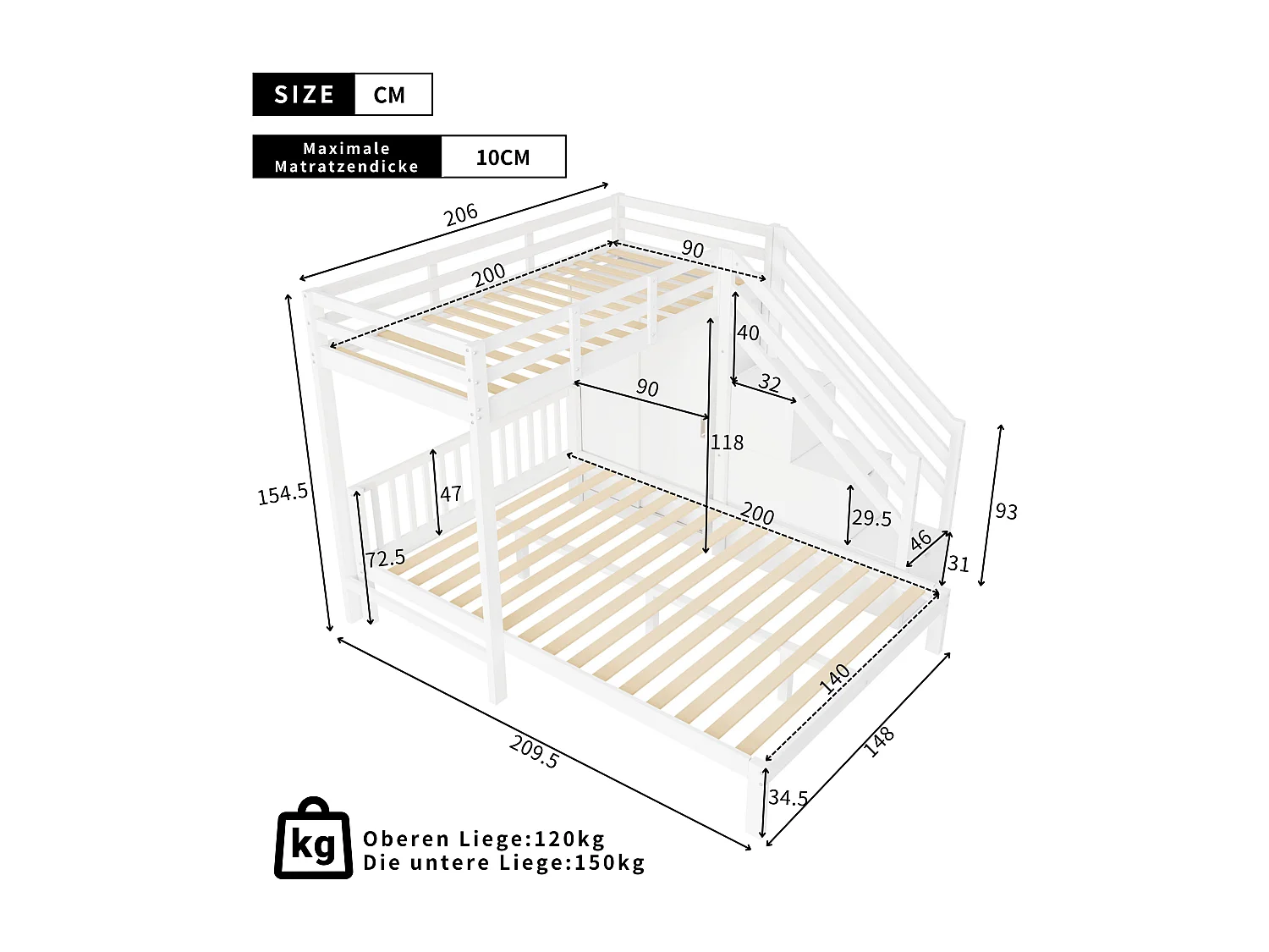 Letto a castello con armadio, scrivania e contenitore, legno massello, bianco (90x200 cm + 140x200 cm)