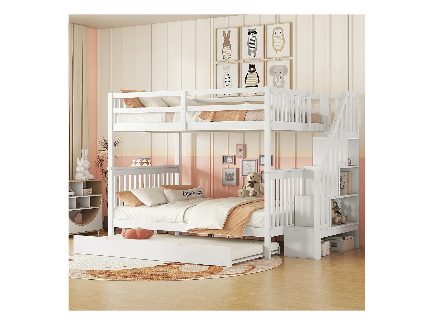 Lit superposé 140x200cm avec lit gigogne, étagères escalier, barrières hautes, pin massif, blanc (240x147x160.5 cm)